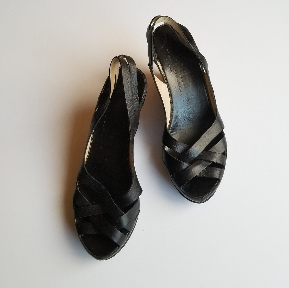 AGL Crisscross Slingback Wedges Black Leather 7.5